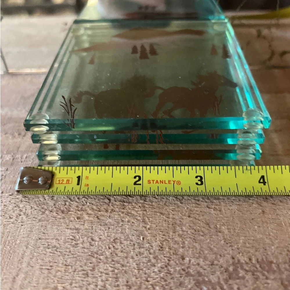 Vintage Western Horse Glass Coasters Set of 4 Rustic‎ Mountain Cabin Decor 4x4